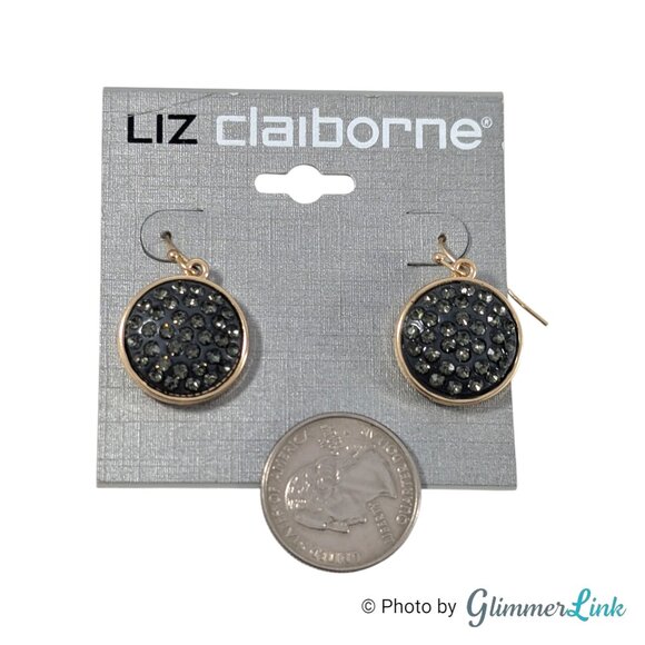 Liz Claiborne Gold Tone Drop Earrings Smokey Gray Rhinestone Circle Dangle NWT - Picture 6 of 8